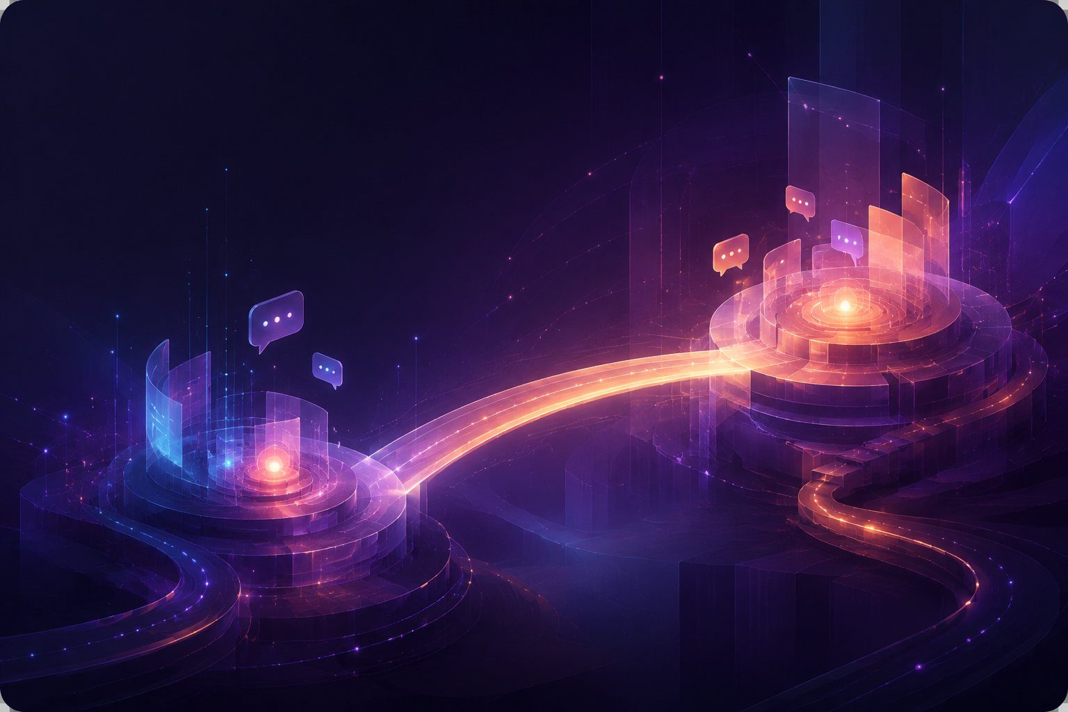 Abstract bridge connecting two glowing conversation nodes