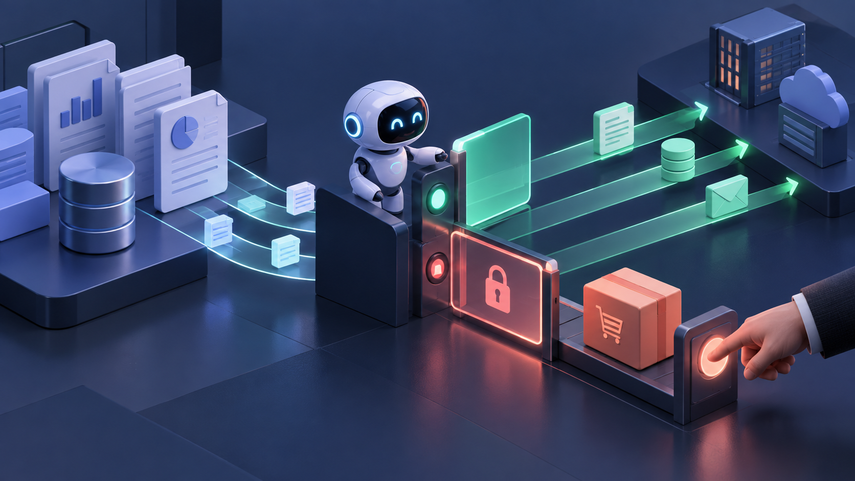 Editorial illustration of an AI agent pausing at an authorization checkpoint before a consequential ERP transaction.