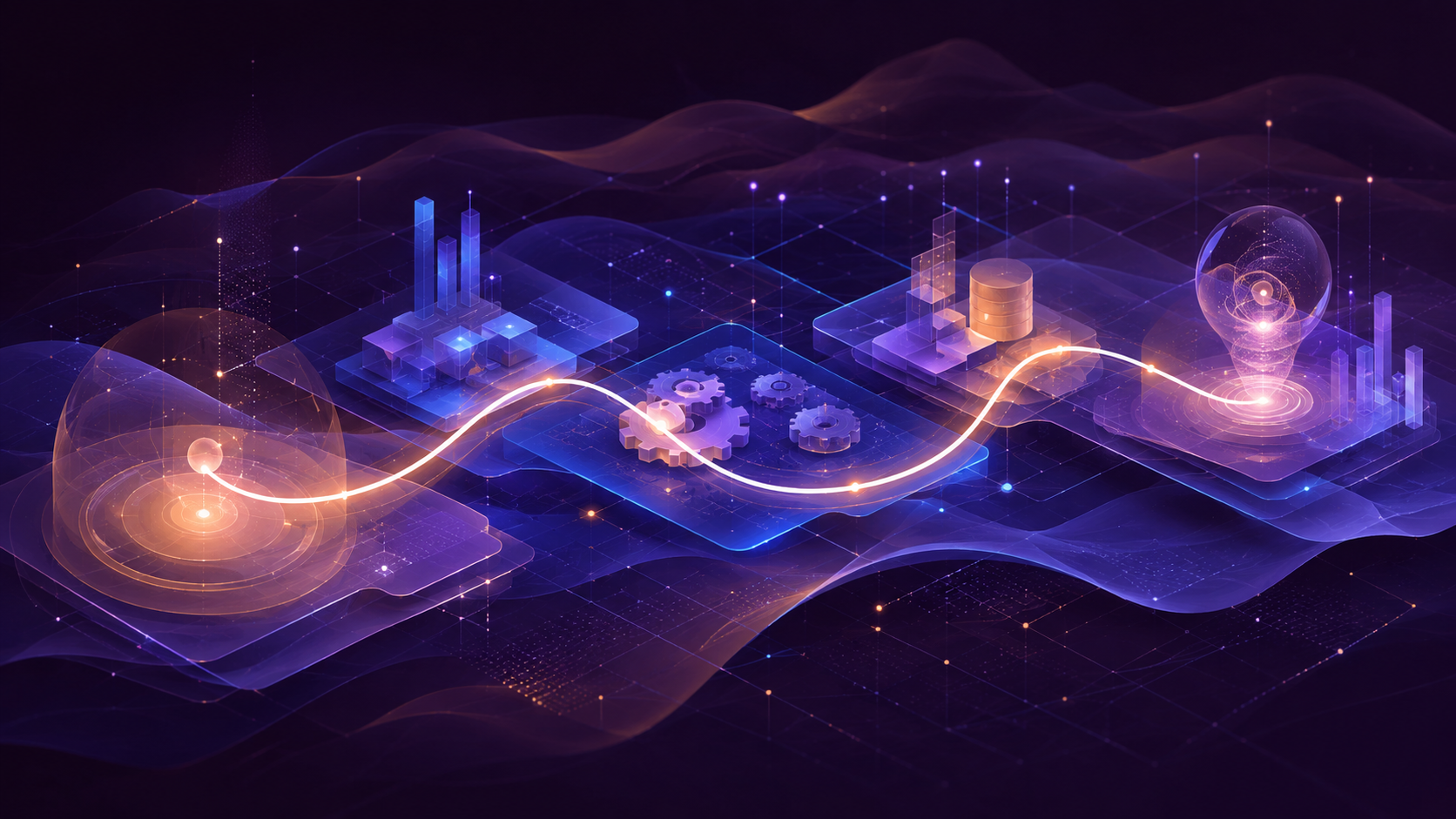 Abstract connected operating model with glowing pathways between business systems