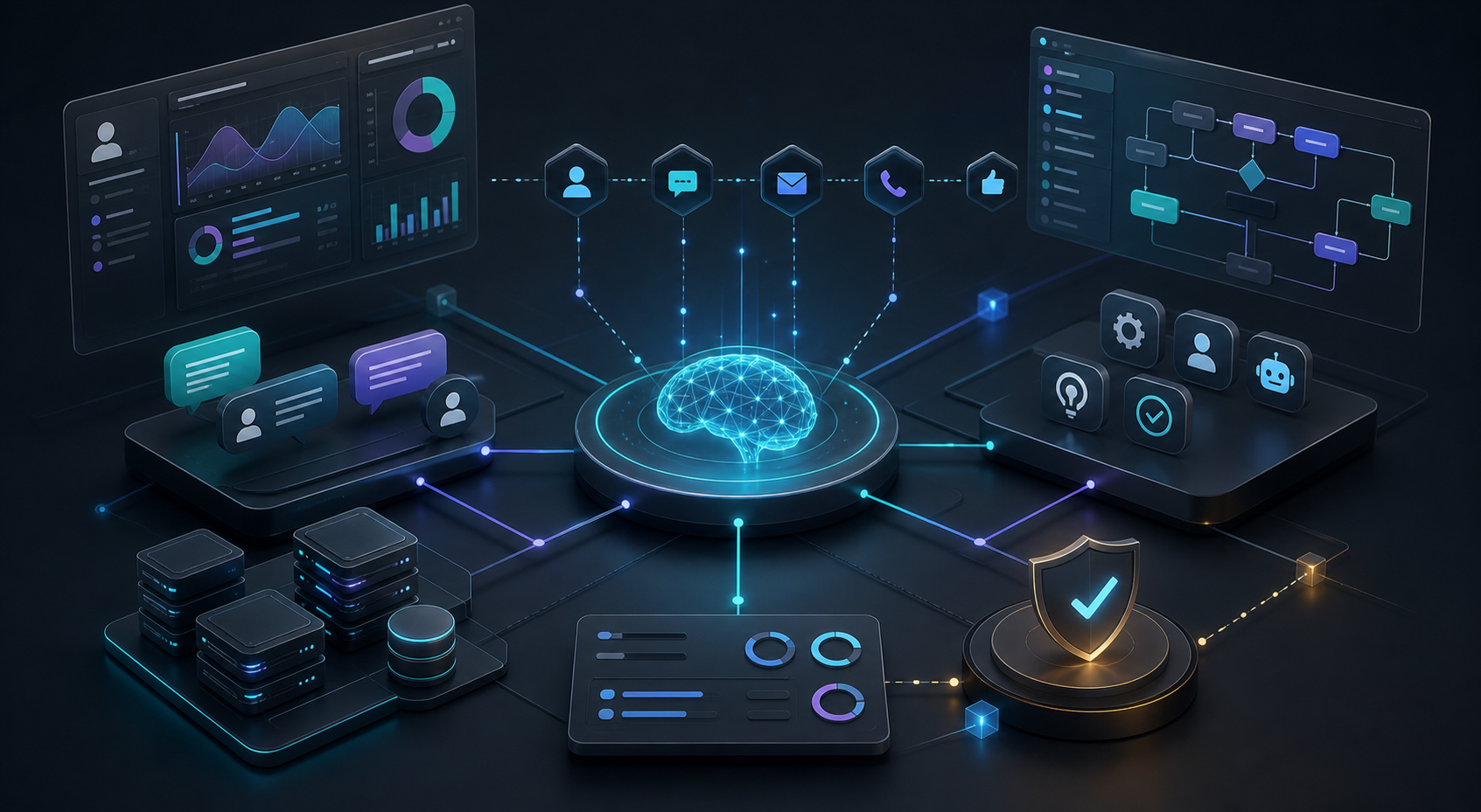 Abstract AI-enabled CRM and customer operations visual