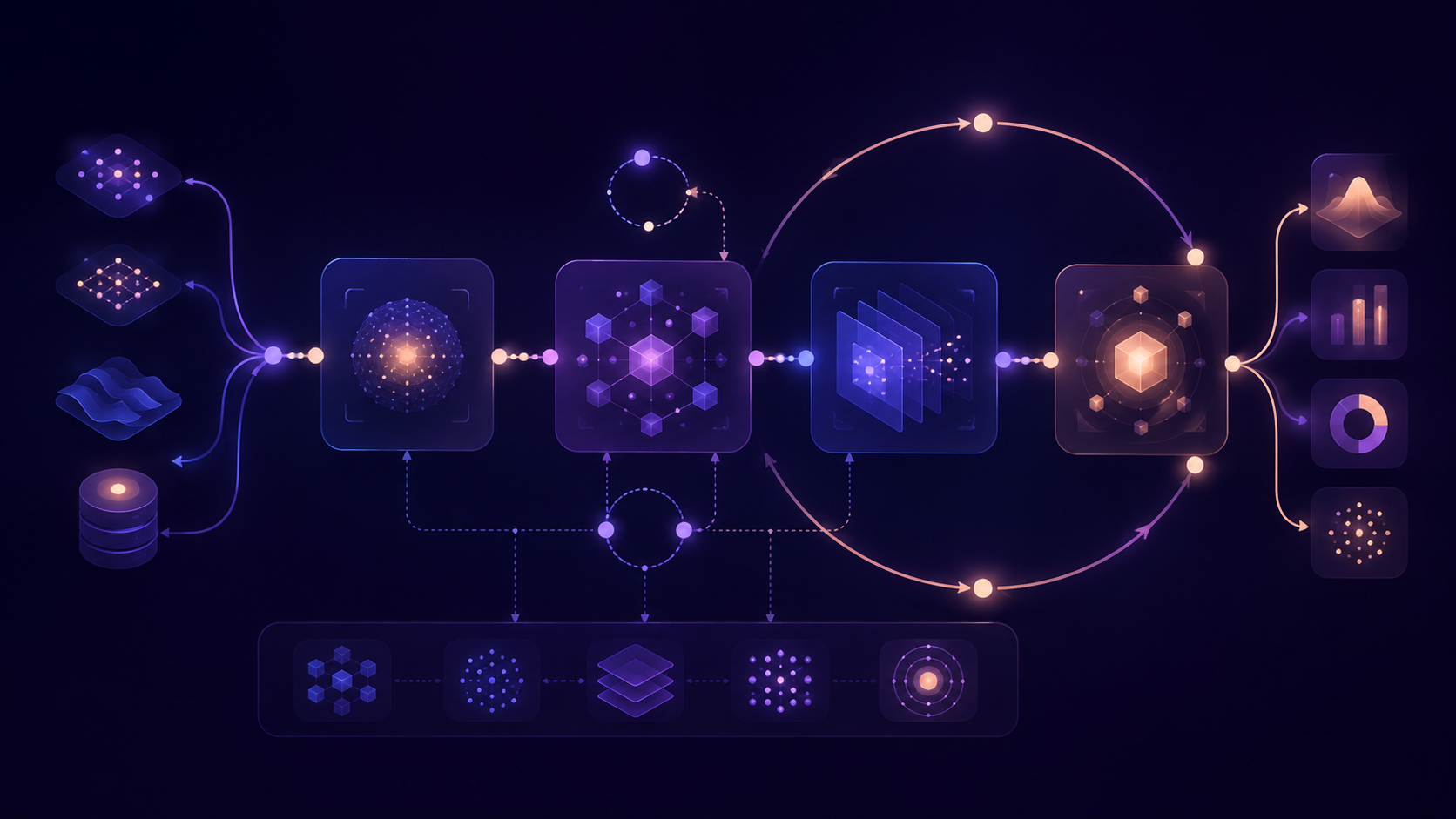 Abstract agentic workflow with connected nodes, feedback loops, and actions